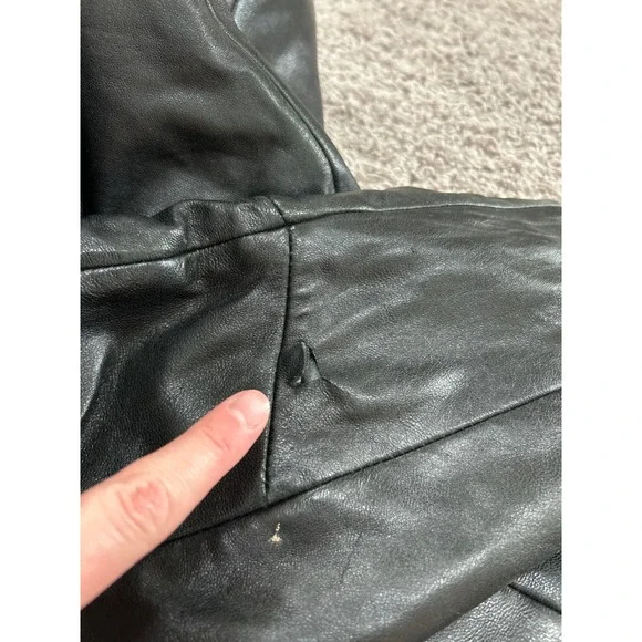 Kasper Leather Coat XL‎ Belted Fur Trim Hooded Black Winter Jacket Women vintage - Picture 10 of 11